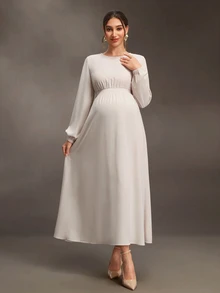 Cheriluna Maternity Maternity-D Women's White Round Neck Long Sleeve Waist-Cinching Long Maternity Dress, Spring/Autumn Fall Photoshoot Baby Shower Elegant Chic - Apricot - View 5