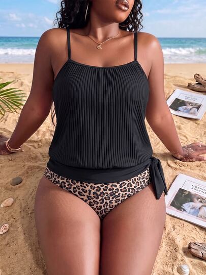 Swim Lushoire Plus Size Women 2 Pieces Tank Bikini Top & Triangle Bottom Swimsuit, Conservative Mature Elegant Fashion Minimalist Beach Vacation Pool