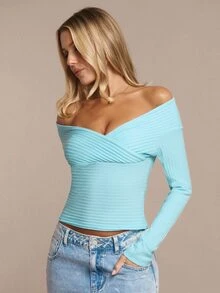 SHEIN BAE Women's Solid Mint Green Off-Shoulder Long Sleeve Knit Striped Top, Autumn/Winter - Mint Green - View 1