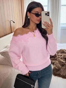 Siren Gaze Autumn New Asymmetrical Shoulder Lace Patchwork Sweater For Women Tea Party Date Light Pink Romantic Elegant - Baby Pink - View 8