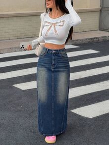 Rivivi 女款休閒牛仔迷你裙，附口袋與鈕扣，適合日常穿著，秋冬季，新年穿搭，新年裙 - 深色水洗藍 - 查看 6