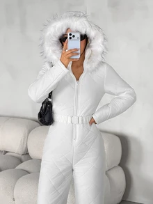 SHEIN PETITE Women's Winter Hooded Warm Jumpsuit - White - View 3