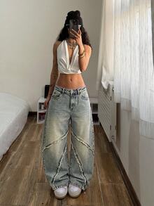 StreetHx Button Pocket Loose Low Waist Curved Leg Denim Jeans,Fall/Winter - Dark Wash - View 3
