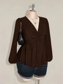 SHEIN ICON 女款大尺碼黑色紋理扭轉前襟燈籠袖上衣 - 棕色 - 查看 7