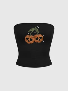 ROMWE Goth Plus Size Women Skull & Pumpkin Pattern Casual Daily Tube Top - Black - View 2