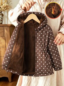 SHEIN Vintaside Kids 1件女童2025冬季新款復古卡其色花卉保暖內裡拉鍊連帽外套，彈性腰部，加厚保暖時尚戶外通勤百搭防寒夾克 - 棕色 - 查看 1