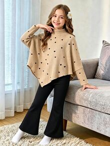 SHEIN Elladie kids Tween女孩 春/秋/冬休閒T恤套裝，設計感不對稱套頭高領針織羅紋刷毛布料卡其色純色長袖T恤上衣，搭配卡其色休閒喇叭褲，2件套，適合春/秋/冬返校季，優雅簡約通勤高級感穿搭，適用日常上學、外出、度假與派對 - 卡其色 - 查看 4