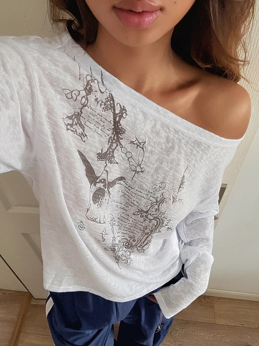 DAZY White Cold Shoulder Printed Pattern Loose Thin Long Sleeve Casual Y2k Daily Wear Contrast Color T-Shirt Top Fall Graphic Tees Everyday Going Out - White - View 1