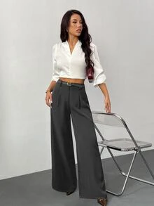 SHEIN PETITE 女款黑色純色寬腿休閒長褲附腰帶，小碼版型 - 灰色 - 查看 5