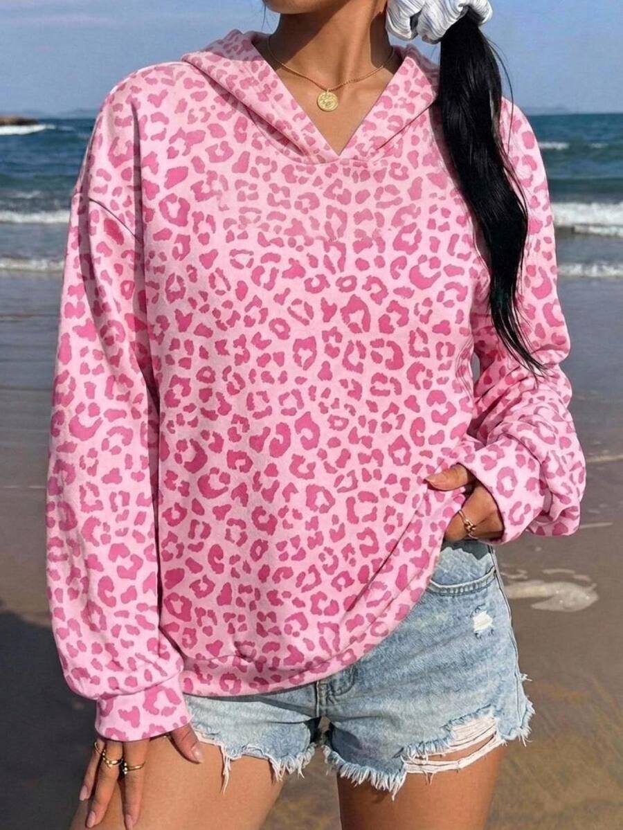 Veykashi 大尺碼女款粉色豹紋連帽長袖運動衫,休閒度假風,適合秋冬,街頭穿搭、機場造型,時尚 Y2K - 彩色 - 查看 1