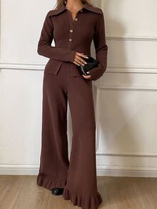 Livesso Women's 2pcs Set Brown Round Neck Long Sleeve Knit Sweater And High Waist Slim Fit Ribbed Knit Pants, Autumn/Winter - Brown - View 1