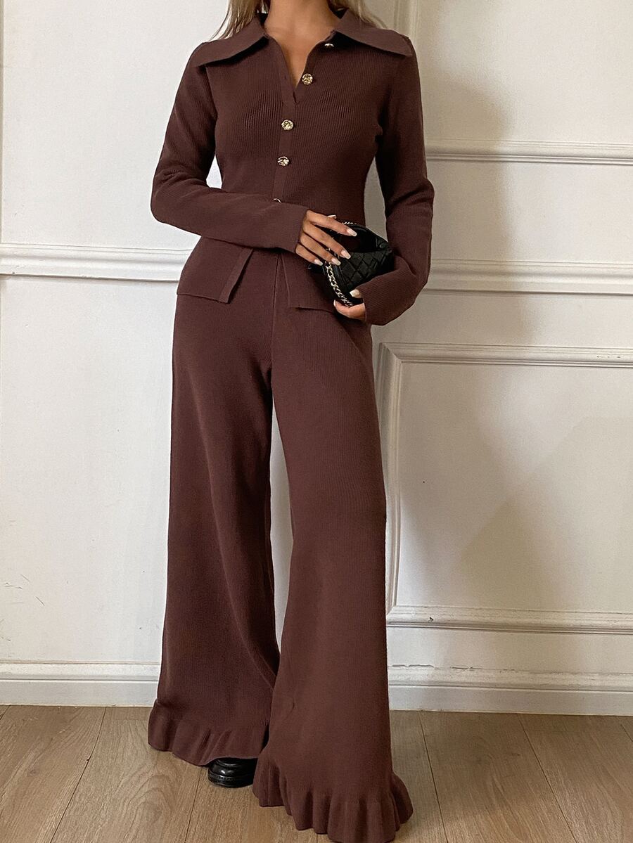 Livesso Women's 2pcs Set Brown Round Neck Long Sleeve Knit Sweater And High Waist Slim Fit Ribbed Knit Pants, Autumn/Winter - Brown - View 1
