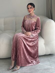 Yasmyna Women's Rhinestone Embellished Mesh Patchwork Casual Party Arabian Dress - Pink - View 1