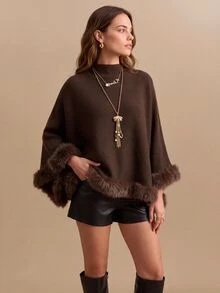 CielaLinda Autumn/Winter Elegant Fluffy Patchwork Cape Knit Sweater - Brown - View 4