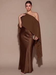SHEIN BAE CURVE 大尺碼女款優雅長款不對稱單肩洋裝 - 摩卡棕 - 查看 4