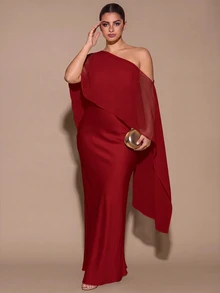 SHEIN BAE CURVE 大尺碼女款優雅長版不對稱單肩洋裝 - 紅色 - 查看 7
