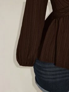 SHEIN ICON 女款大尺碼黑色紋理扭轉前襟燈籠袖上衣 - 棕色 - 查看 6