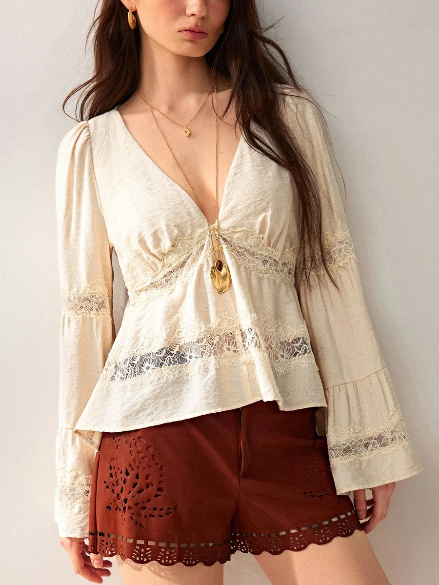 Willow Rêve Women's Cream V-Neck Bell Sleeve Lace Trim BOHO FLOWY TUNIC TOP - Cream - View 1