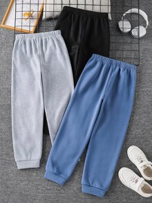 SHEIN 3件組兒童青少年男孩休閒百搭運動長褲，麻灰色、霧藍色、黑色，保暖內裡加厚，適合通勤、上學、日常休閒、外出、運動，秋冬款 - 彩色 - 查看 4