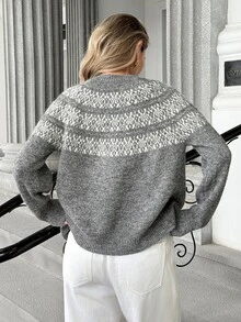 Pariaura Vintage Preppy Contrast Color Jacquard Round Neck Loose Casual Minimalist Slouchy Single-Breasted Slimming Cardigan Sweater - Grey - View 2