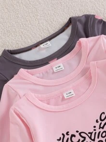 SHEIN 6件組 多彩女嬰甜美愛心字母印花圓領長袖緊身褲套裝 秋季 - 彩色 - 查看 5