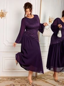 Modelyn Women's Elegant French Style High-End Round Neck Lace Patchwork Flared Long Sleeve Formal Evening Dress Plus Size - Purple - View 5