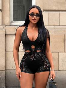 SHEIN SXY 鏤空露背掛脖連身緊身衣連身褲 - 黑色 - 查看 3