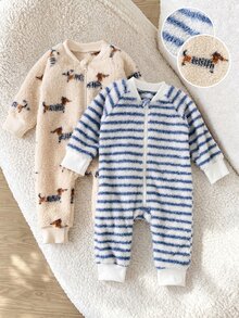 SHEIN Playful Pals 嬰兒絨毛抓絨熊圖案與素色拉鍊連身衣套裝 2件組 秋冬款 - 藍色 - 查看 3