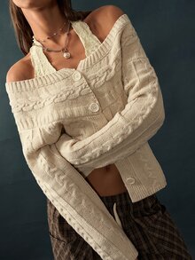 Bohemela Vintage Twisted Rope One-Letter Collar Knit Cardigan - Apricot - View 5