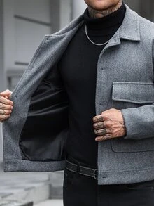 Manfinity CasualCool 男士羊毛單排扣休閒直筒長褲，配雙蓋大貼袋 - 灰色 - 查看 5