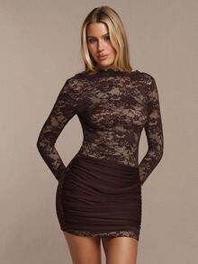 SHEIN BAE Autumn/Winter Solid Brown Lace Backless Long Sleeve Sexy Elegant Mini Dress For Women - Brown - View 4