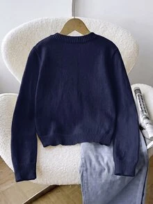 SHEIN 青少年女孩純色休閒百搭日常穿搭開襟衫 - 藏蓝色 - 查看 2