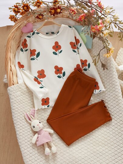 Young Girl Floral Print Long Sleeve Top And Pants Casual Daily Home Pajama Set