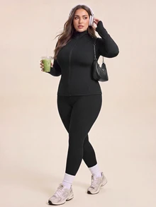 Gameset SHEIN Sport Women's Plus Size Solid Color Casual Alternative Daily Gym Outdoor Sports Jacket Black Autumn Fall - Multicolor - View 1
