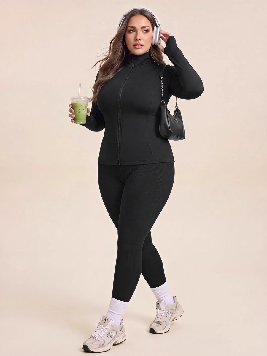 Gameset SHEIN Sport Women's Plus Size Solid Color Casual Alternative Daily Gym Outdoor Sports Jacket Black Autumn Fall - Multicolor - View 1