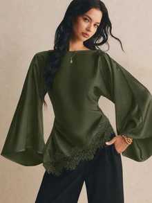 Poéselle 女款蕾絲拼接休閒百搭日常穿著襯衫 - 軍綠色 - 查看 3
