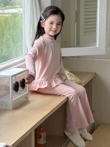 DAZY Young Girl Letter Print Ruffle Hem T-Shirt And Flare Pants Casual Set - Baby Blue - View 9