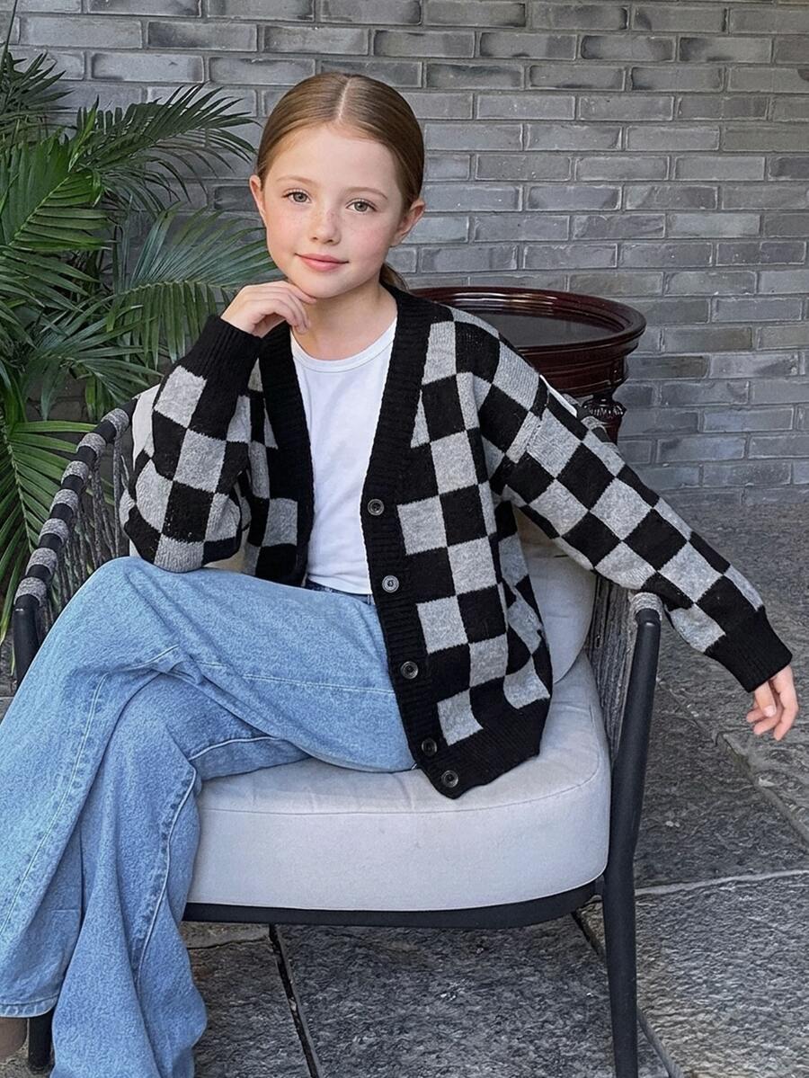 DAZY Tween Girl) Plaid Colorblock Loose Cardigan Casual Sweater Autumn/Winter Long Sleeve Open Front Jacket - Dark Grey - View 1