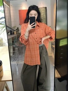 Dazy Kids 青少年女孩秋季休閒基礎款翻領長袖襯衫 - 橘色 - 查看 2