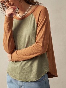 Bohemela Casual Solid Color Knit Patchwork Round Neck Long Sleeve Women's T-Shirt - Multicolor - View 2