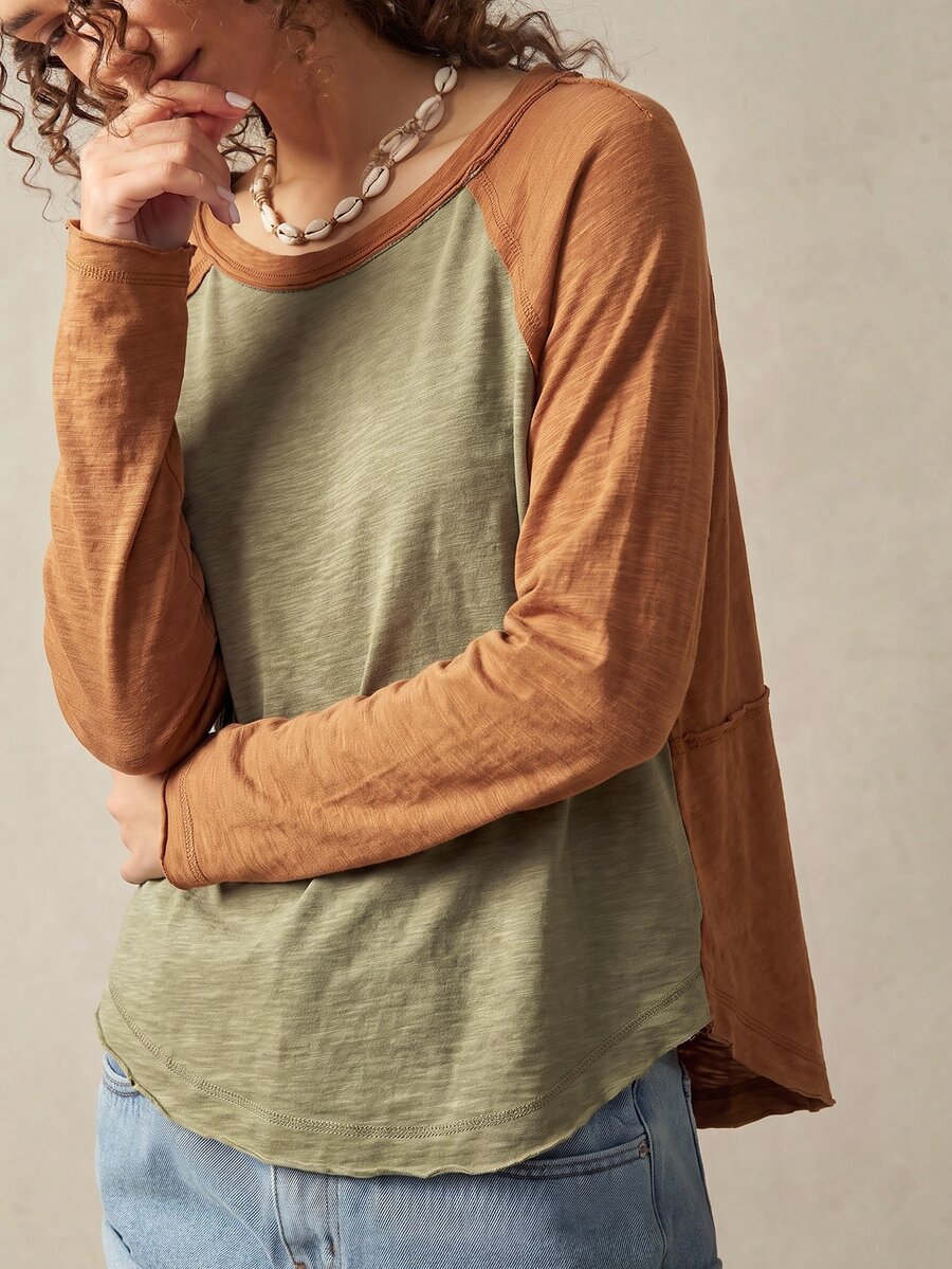 Bohemela Casual Solid Color Knit Patchwork Round Neck Long Sleeve Women's T-Shirt - Multicolor - View 1