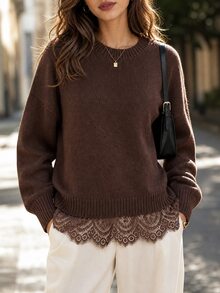 Editum Women's Solid Color Round Neck Drop Shoulder Long Sleeve Lace Hem Patchwork Sweater Brunch Dark Brown Autumn Casual - Brown - View 3