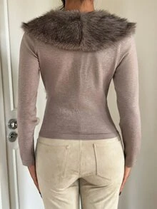 Aloruh Women's Autumn/Winter Khaki Fur Collar Sweater, Warm Slim Fit Sweater Going Out Tops Cropped Top Long Sleeve Sweaters Women's Sweater - Khaki - View 2