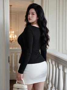 Vibekara Spring, Summer, Fall, Vacation, Elegant, New Pure Desire Sexy Black Contrast Lace Bow Decor Long Sleeve Square Neck Hollow Out Hot Girl Inner Layer Top, Versatile T-Shirt Knit Ribbed Pullover, Slimming For Date - Black - View 2