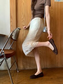 DAZY Beige Lace Patchwork Sheer Tulle High Waist A-Line Elegant Sweet French Style Mid-Length Skirt - Apricot - View 5