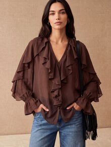 CielaLinda Women's Brown Ruffle Chiffon Blouse, Long Sleeve Elegant Shirt, Flowy Feminine Top - Brown - View 5