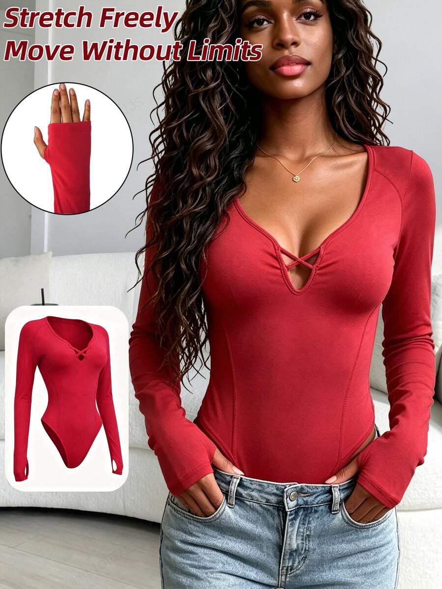 SHEIN Core Rhythm Red Long Sleeve Criss-Cross V-Neck Waist-Cinching Jumpsuit - Red - View 1