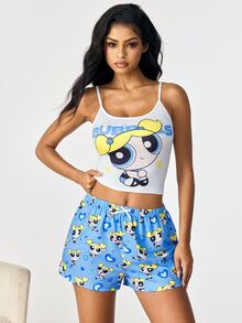 THE POWERPUFF GIRLS X SHEIN Women's Letter Print Camisole Top And Shorts Pajama Set - Blue - View 3