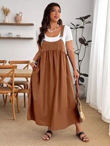 Enliva Plus Size Loose Black Strap Dress - Brown - View 5