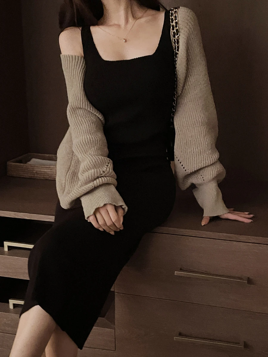 DAZY Solid Color Loose Long Sleeve Cardigan & Fitted Long Tank Dress Elegant Vacation Autumn/Winter Sweater 2 Pieces Set For Women - Black - View 1